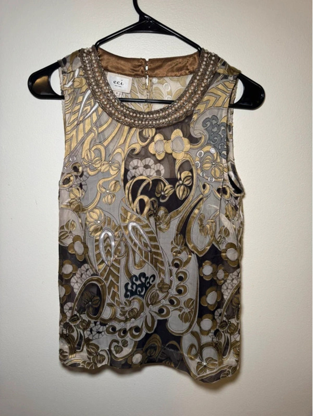 Eci New York Brown and Gold Paisley Pearl Tank Blouse Vintage Size Small PTP 18